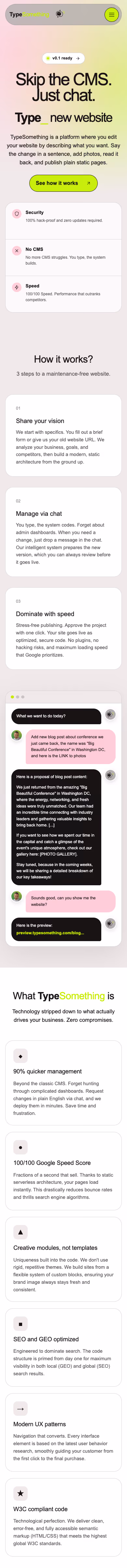 TypeSomething website preview — Website builder